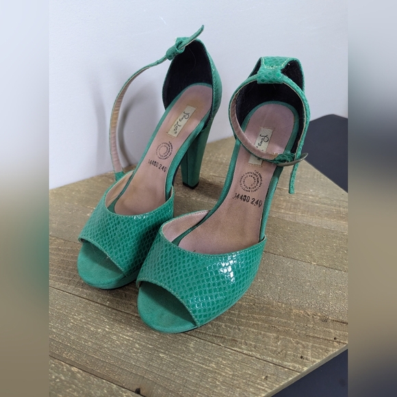 Perez Lete Green Leather Snakeskin Platform Heels Made in Mexico Size 7 - Picture 3 of 9